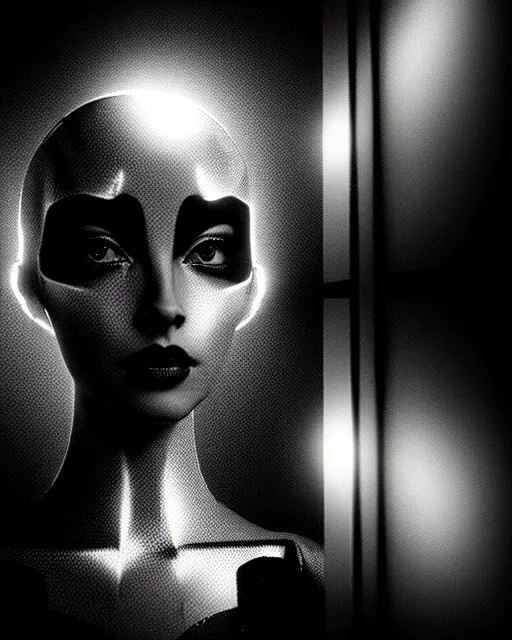 Prompt: black and white high quality photo of a female AI-queen-dragon-meshes-cyborg-doll looking into a sci-fi mirror, volumetric lighting, brutalism, foggy, dreamy, hyperdetailed, bokeh, photorealistic, cinematic, masterpiece, elegant, dark, in the style of Man Ray, octane render, 8K,