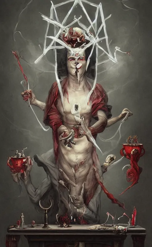 Image similar to a painting of a white robed magician behind a table, hands gesture as above so below, red mantle cup, sword, pentacle, wand, a surrealist painting by marco mazzoni, peter mohrbacher, nychos, cgsociety, neo - figurative, detailed painting, rococo, oil on canvas, seapunk, biomorphic, lovecraftian