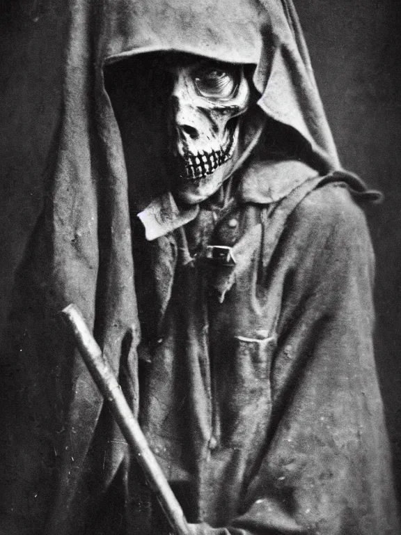 Image similar to portrait of grim reaper, ww1 photo, grainy, high detail, high resolution,