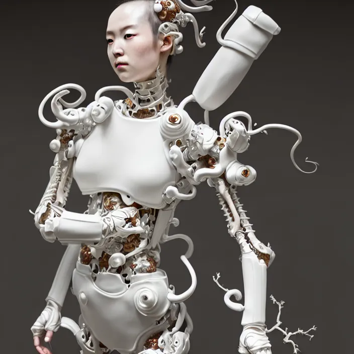 Prompt: porcelain cyborg, Japanese Kakiemon porcelain exoskeleton 16th century, diffuse lighting, fantasy, intricate, elegant, highly detailed, lifelike, photorealistic, digital painting, artstation, illustration, concept art, smooth, sharp focus, art by John Collier and Albert Aublet and Krenz Cushart and Artem Demura and Alphonse Mucha