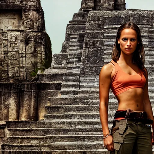 Prompt: portrait of alicia vikander posing in front of a maya temple as lara croft, ultra realistic, portrait, photograph, leica