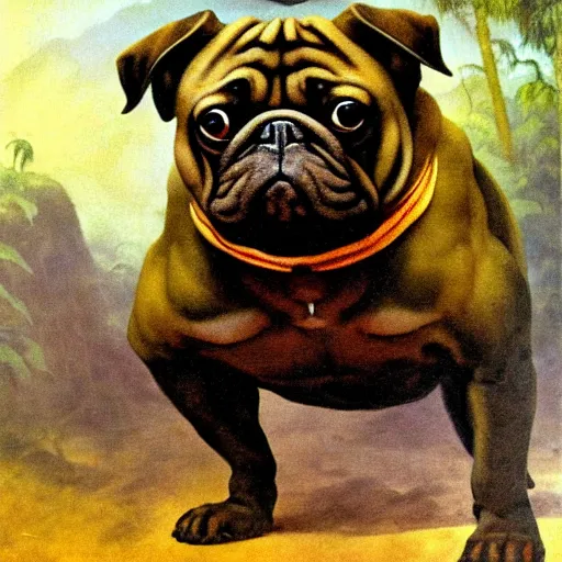 Prompt: muscular oversized warrior pug in mystical foggy jungle by frazetta