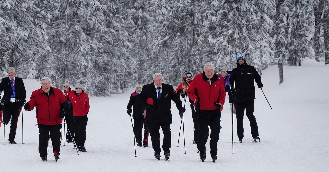 Prompt: czech president milos zeman wins in a race in cross - country skiing, photorealism, journalistic photography, super detail, composition, qualitative photography