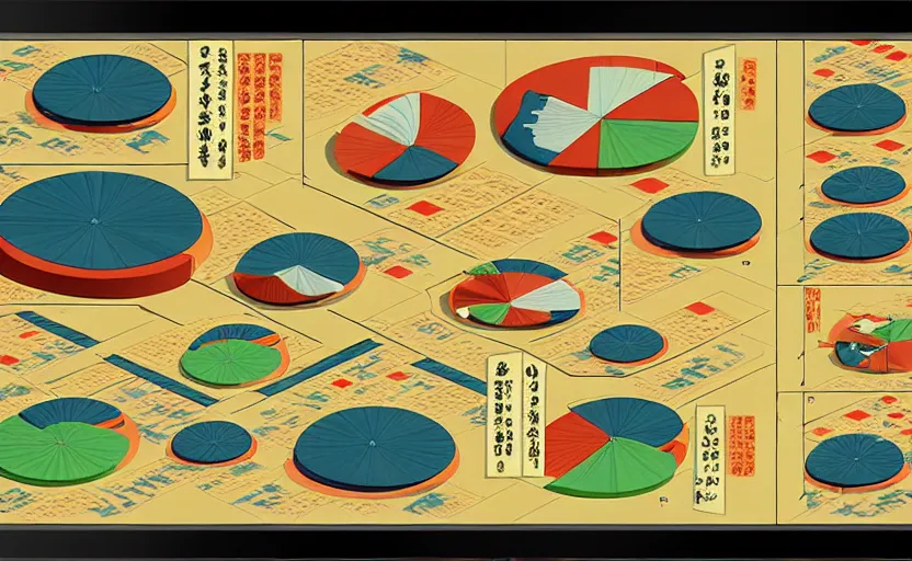 Prompt: 3 d isometric business dashboard with time series charts, pie plots and other modern graphics, with small creatures with many eyes. diego rivera ( in modern ukiyo - e style, mexican muralism ). ravi supa.