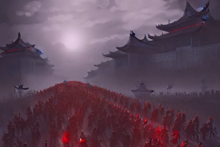 Prompt: lined up crowd is marching toward the chinese palace, big red dragon flying above them, dark atmosphere, light above palace, digital art, trending on artstation