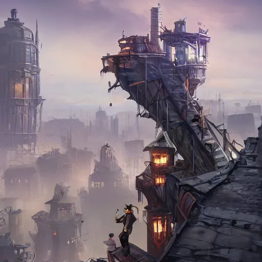Prompt: Thief running and jumping on the rooftops of a bustling steampunk city in the desert with a towering building made of scraps seen in the distance, digital painting, highly detailed, dynamic, concept art, game art, artstation