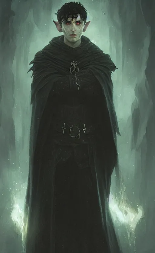 Image similar to Portrait of an elf in a black cloak, black hair, glowing eyes, male, detailed face, fantasy, highly detailed, cinematic lighting, digital art painting by greg rutkowski