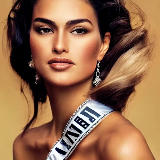 Prompt: portrait photography of miss universe by annie leibovitz, perfect facial symmetry, dim volumetric cinematic lighting, 8 k, post - processing, extremely hyper - detailed, intricate, epic composition, masterpiece, stunning,