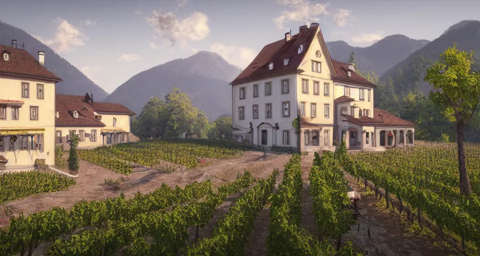 Image similar to A beautiful hyper realistic ultra detailed lifelike matte painting of traditional austrian house in a vineyard, unreal engine, deviantart, flickr, artstation, octane render, textured, colorful, extreme realistic detail, physically based rendering, pbr render, very detailed, volumetric lighting, detailed lighting, octane render, 4k, cinematic lighting, 8k resolution