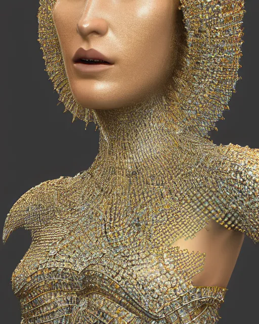 Prompt: a highly detailed metahuman 4 k close up render of an alien goddess bella hadid monument face accessories in iris van herpen dress schiaparelli in diamonds crystals swarovski and jewelry iridescent in style of alphonse mucha gustav klimt trending on artstation made in unreal engine 4