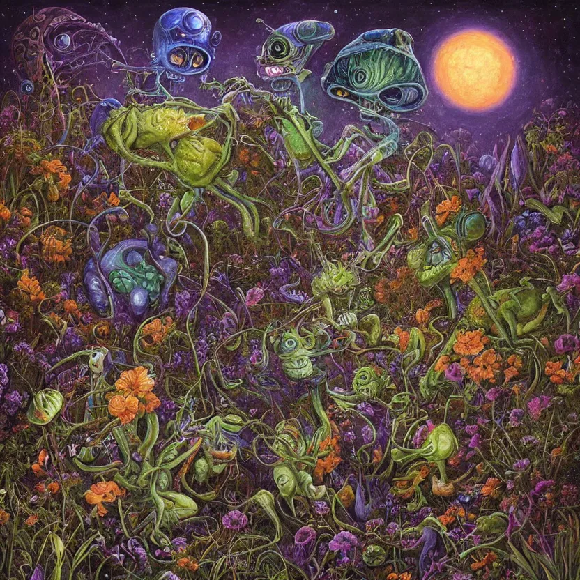 Image similar to painting of aliens in a garden at night by hannah yata and r. s. connett. highly detailed digital art. 3 d perspective. sharp focus. trending on artstation