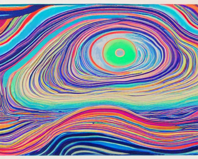 Prompt: Ocean waves in a psychedelic dream world. DMT. Curving rivers. Craggy mountains. Modernist landscape painting. Edvard Munch. David Hockney. Takashi Murakami. Minimalist.