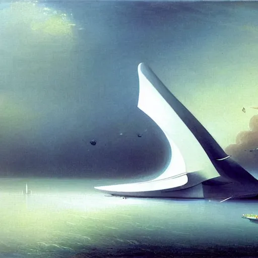 Image similar to minimalist futuristic zaha hadid spaceship painting by ivan aivazovsky