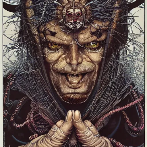 Prompt: portrait of crazy tribal man, symmetrical, by yoichi hatakenaka, masamune shirow, josan gonzales and dan mumford, ayami kojima, takato yamamoto, barclay shaw, karol bak, yukito kishiro