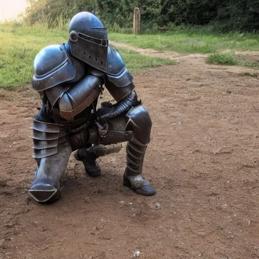 Prompt: a dirty knight taking a knee