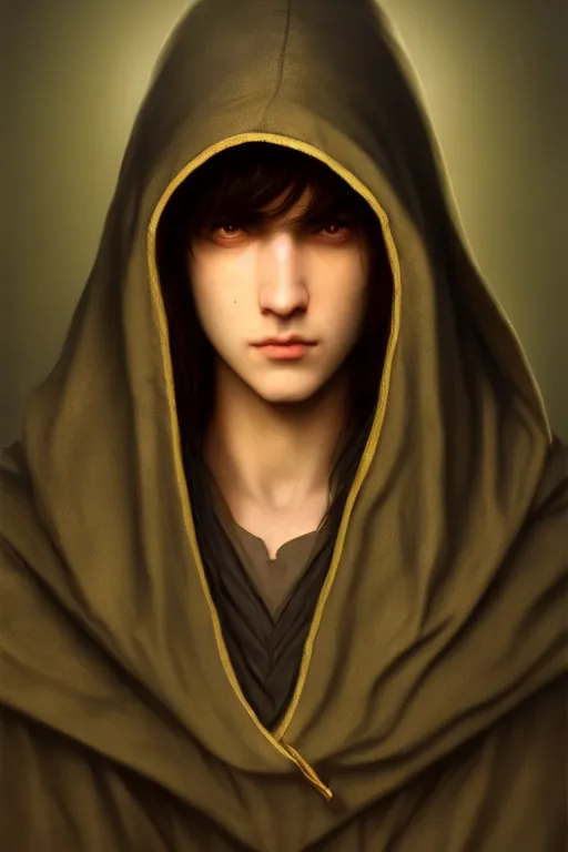 Image similar to He wears a hood to hide his features, but upon closer inspection you discover that half of his face is not what it should be, illustration, soft lighting, soft details, dark mood, painting oil on canvas by Edmund Blair Leighton and Charlie Bowater octane render trending on artstation d&d characters, 4k, 8k, HD