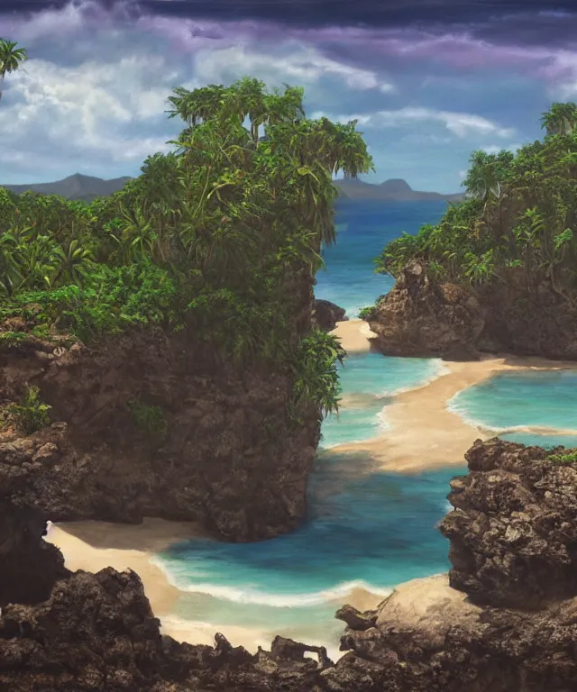 Image similar to photorealistic painting of turtle bay beach jamaica, sharp cliffs, island with cave, dark, atmospheric, brooding, smooth, finely detailed, cinematic, epic, lovecraft, in the style of larry elmore