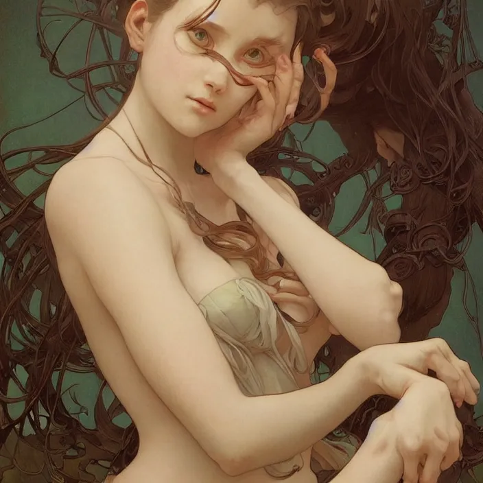 Prompt: A portrait of A cat girl by Ross Tran!!! and alphonse mucha and greg rutkowski! and gustav doré! and Zdzisław Beksiński!,In style of digital art illustration.Symmetry.Highly detailed face.Fantasy,smooth,hyper detailed,sharp focus,Soft light.trending on artstation.4k