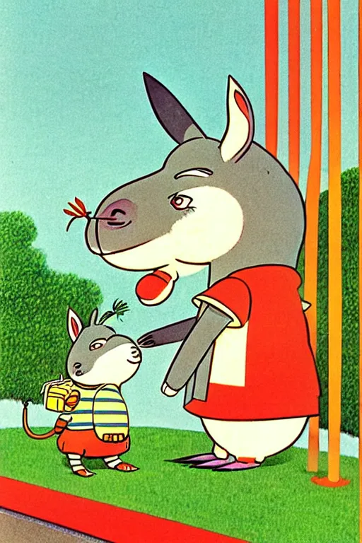 Image similar to by richard scarry. donkey. a 1 9 5 0 s retro illustration. studio ghibli. muted colors, detailed