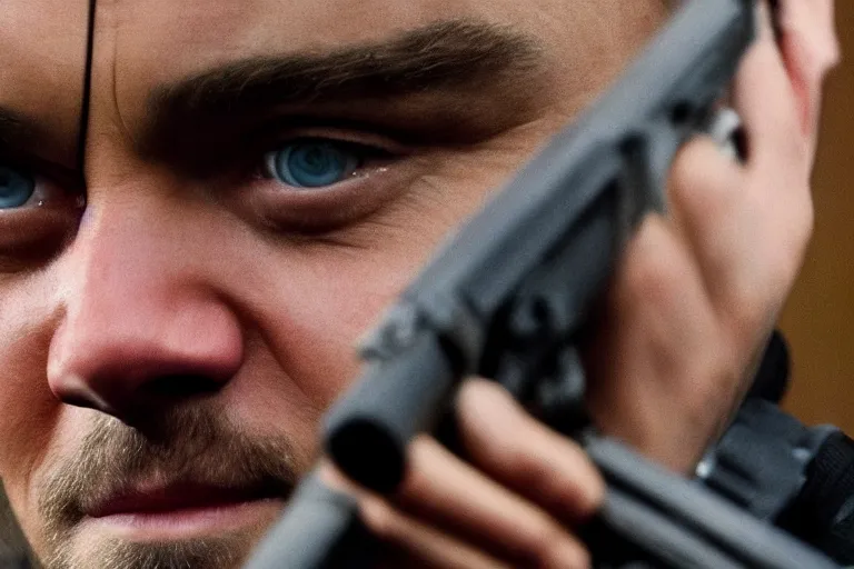 Image similar to close-up of Leonardo DiCaprio as a terrorist in the new movie directed by Adam McKay, movie still frame, promotional image, symmetrical shot, idiosyncratic, relentlessly detailed, limited colour palette