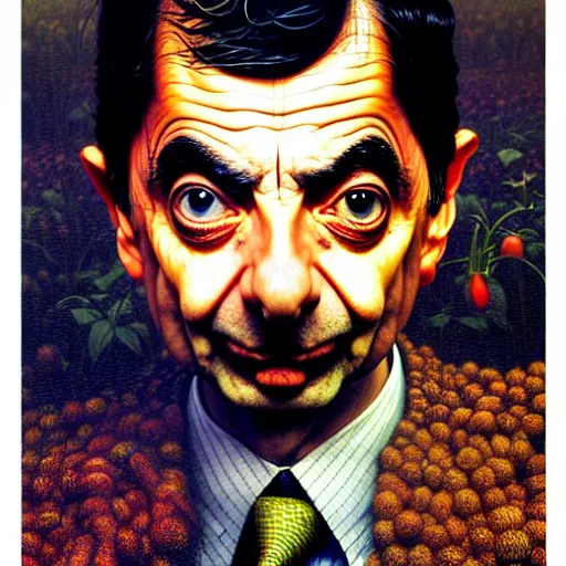 Image similar to uhd photorealistic portrait of mr. bean made of beans, by ayami kojima, yoshitaka amano, esao andrews, karol bak, mark brooks, tonalism, rich deep colors. beksinski painting, art by adrian ghenie and gerhard richter. art by takato yamamoto. masterpiece