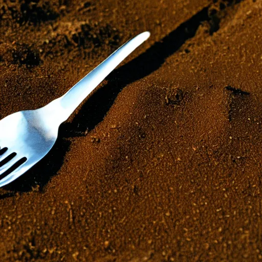 Prompt: a photorealistic fork in the sand, Movie Still, Triadic color grading.