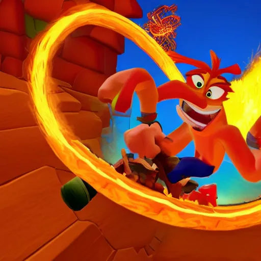 Prompt: crash bandicoot riding a pegasus through a ring of fire