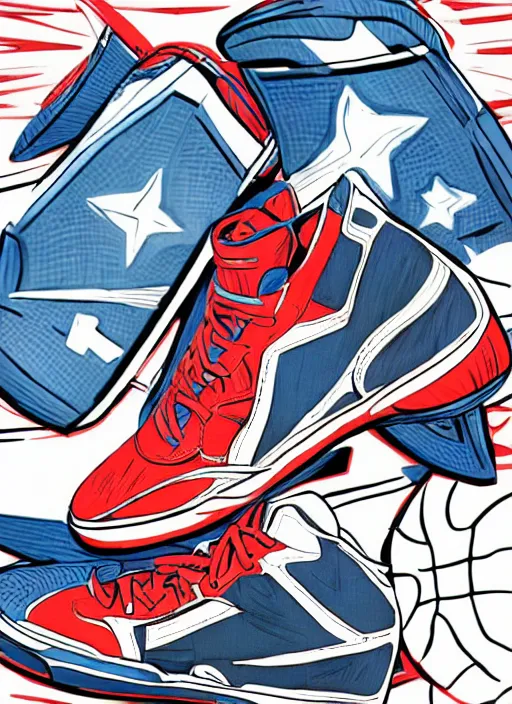 Prompt: basketball sneaker of Captain America, view from the side, comics book cover style