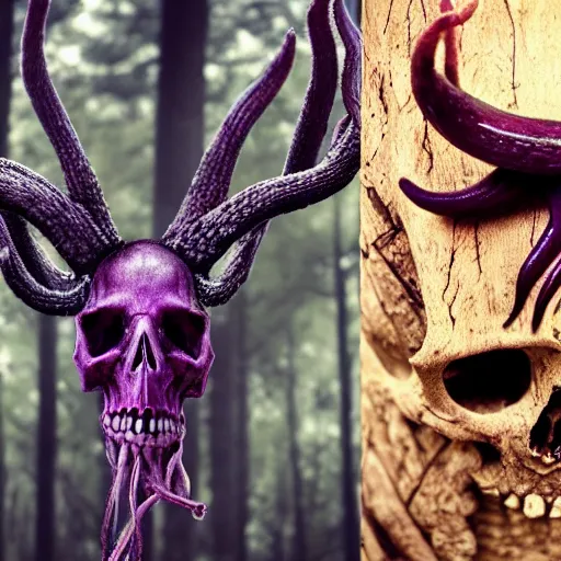 Prompt: creepy realistic photo of tentacles monster with goat skull and antlers in the woods, close up, realistic, forest, detailed death, cracked skull, haunted, purple eyes, nightmare, detailed collage