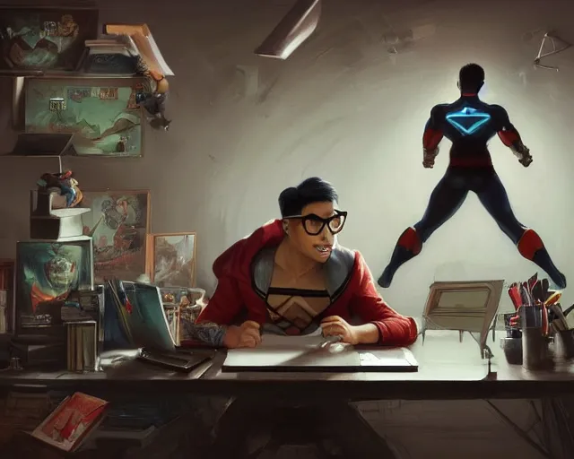 Image similar to an insanely detailed painting of a nerdy asian man wearing a superhero costume, sitting at a desk, staring at the nervously at the computer and typing, in the style of peter mohrbacher, dramatic lighting and composition, octane render, pixar, trending on artstation, concept art, comic book, view from behind