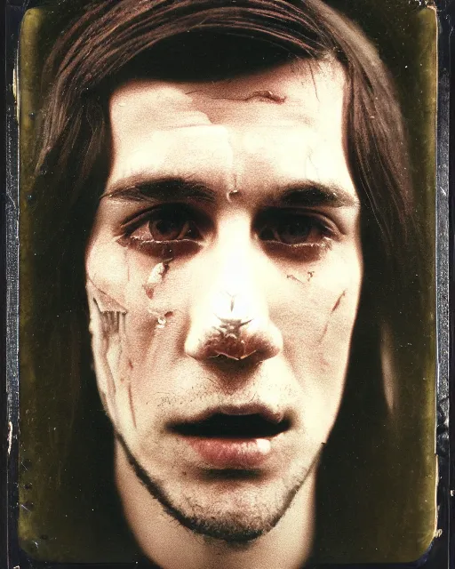 Prompt: an instant photo of a handsome but sinister ghost of a young man in layers of fear, with violence in his eyes, 1 9 7 0 s, seventies, woodlands, delicate embellishments, painterly, offset printing technique, by mary jane ansell