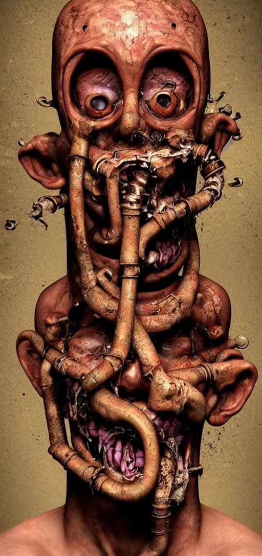 Prompt: extremely realistic human face with rusty pipes extruding from mouth and ears, body horror, scary, horror, weird