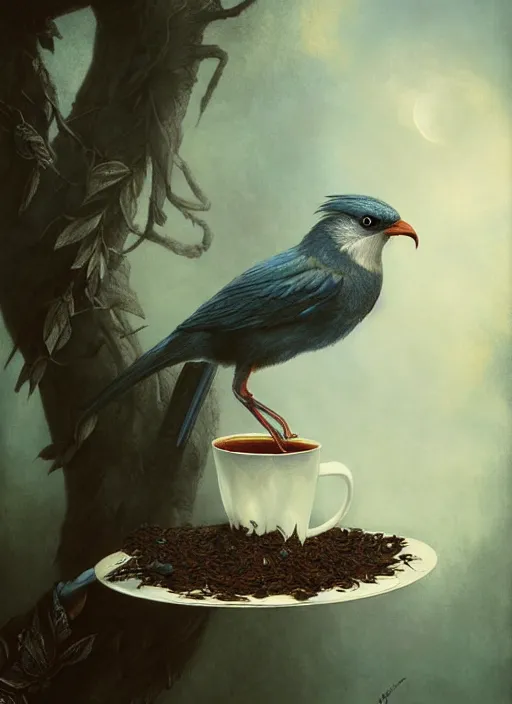 Image similar to a bird holds a cup of tea in its hands, hyperrealism, no blur, 4 k resolution, ultra detailed, style of tyler edlin, tom bagshaw, arthur rackham, ivan shishkin