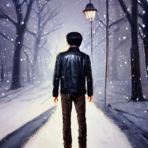 Image similar to beautiful snow - covered victor tsoi korean young man from back pacing in alley with street lamps in park with pines, dressed in leather jacket, night, 1 9 8 0 s mullet haircut, half - length portrait, perfect symmetrical eyes, cinematic by peter mohrbacher, detailed, hyperrealism, igla, volumetric lighting