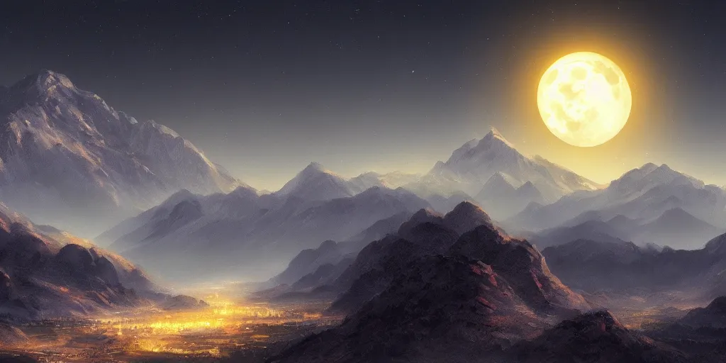 Image similar to large mountains in the distance, moon in the night sky, landscape wallpaper, d&d art, fantasy, painted, 4k, high detail, sharp focus, artstation