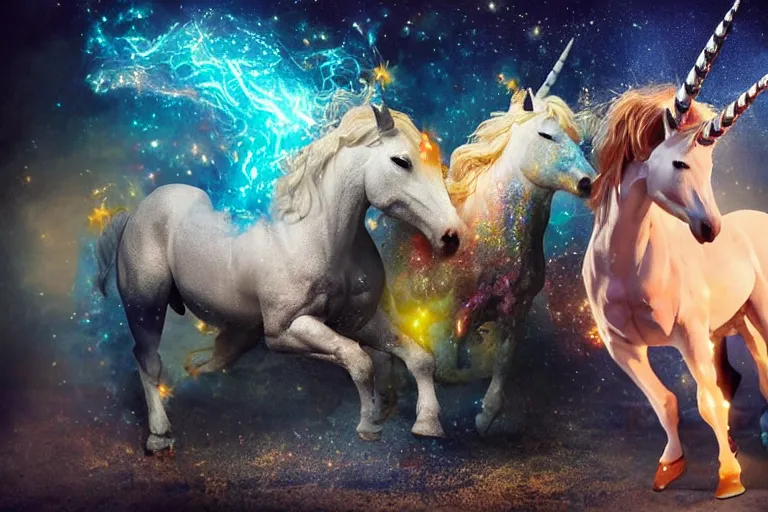 Image similar to cheesy unicorn impales man on bloody horn, airbrush, sparkles, dynamic lighting