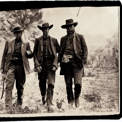 Prompt: a platinotype photo of three men from the old west going to an old burial ground to exhume it from a terrorizing creature which is terrorizing a tribe