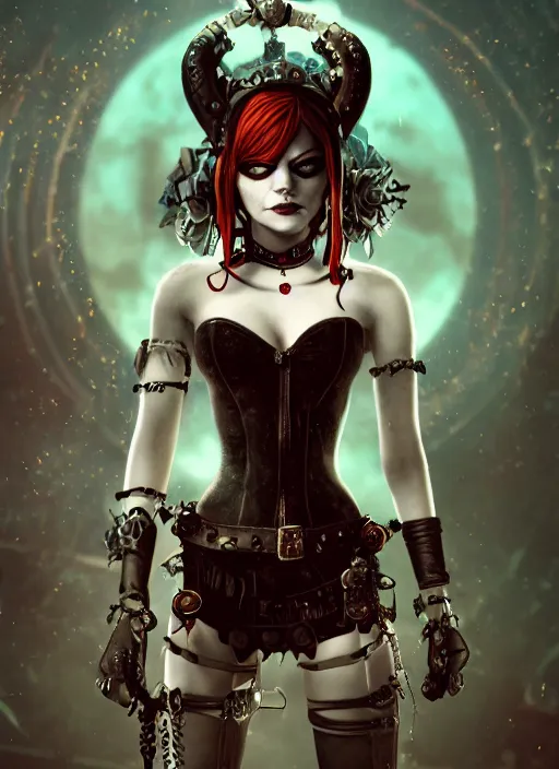 Image similar to underwater dark goth gothic steampunk portrait of emma stone as harley quinn, full moon, hyper detailed, digital art, cinematic lighting, studio quality, smooth render, unreal engine 5, octane rendered, art style by klimt and nixeu and ian sprigger and krenz cushart.