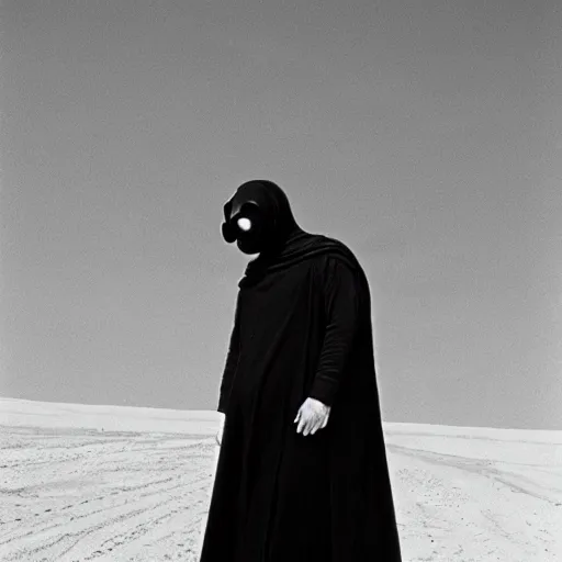 Image similar to a man wearing a long cloak and gasmask, in the desert, film still, arriflex 35