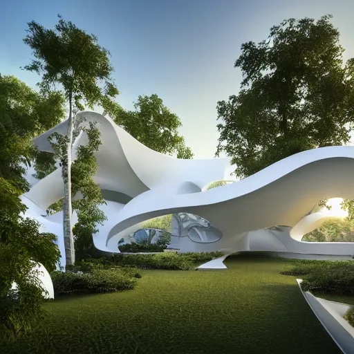 Image similar to evolving fractal, flowing white architectural Villa, futuristic 3D, voronoi pattern pavilion with magnolias on the roof, perforated shaders, sunrays through the pavilion structure, lush botanical trees, prairie landscaping, sunrise, golden hour, illuminated pool, fluffy clouds