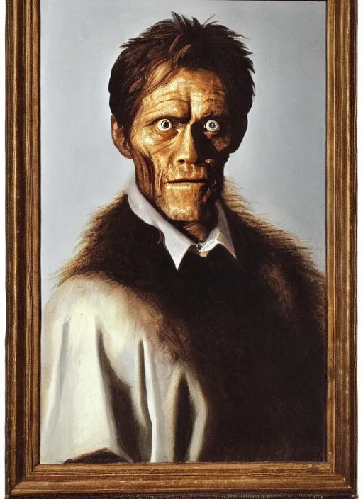 Prompt: portrait painting of willem dafoe with stubble, renaissance oil painting, studious chiaroscuro