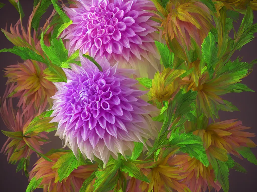 Image similar to 3d render of an iridescent dahlia, Sunlight Study, by Rachel Ruysch and (((((Lisa Frank))))), Art Nouveau, 8k, extreme detail, sharp focus, octane render