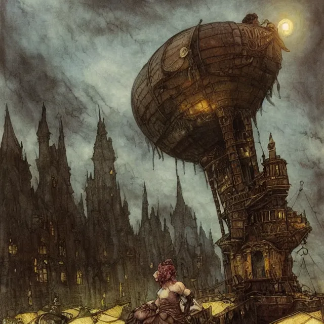 Image similar to Fantasy village, the inhabitant looking up at the sky. The sky is completely covered to the horizon by an incredibly huge airship-like ship. Extremely high detail, realistic, dark fantasy art, masterpiece, 8k, octane rendering, Arthur Rackham painting, art by Victoria Frances, Frank Frazetta.