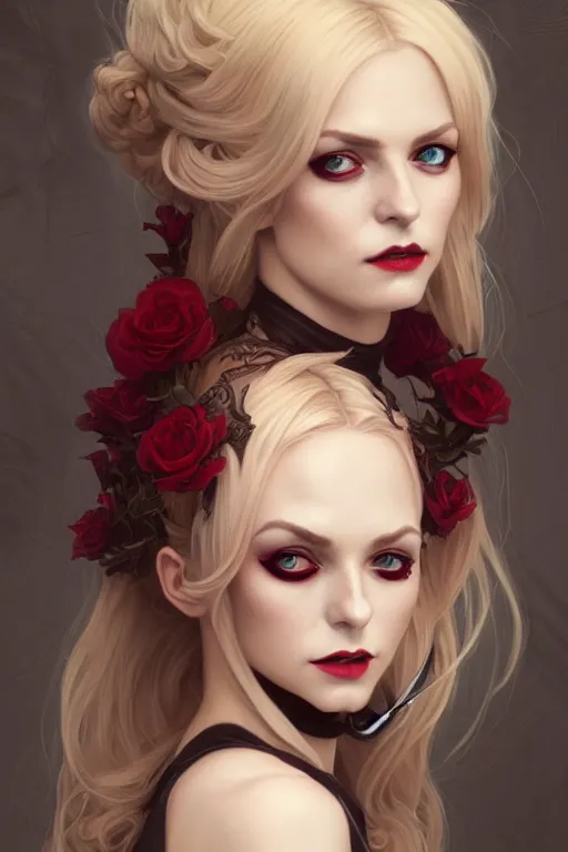 Image similar to Portrait of seductive female necromancer, D&D, revealing stylish dress, red eyes, choker on neck, long blonde hair, mouth slightly open, slight nerdy smile, fantasy, intricate, elegant, highly detailed, digital painting, artstation, concept art, smooth, sharp focus, illustration, art by artgerm and greg rutkowski and alphonse mucha