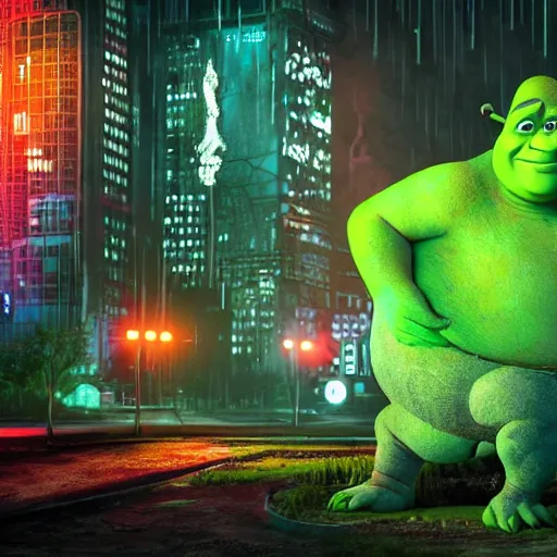 Prompt: Shrek, Louisiana, Swamp, Cyberpunk, Neon lights, City background, Ultradetailed, Cyborg, Futuristic, Far Future, Sci-fi, 4k