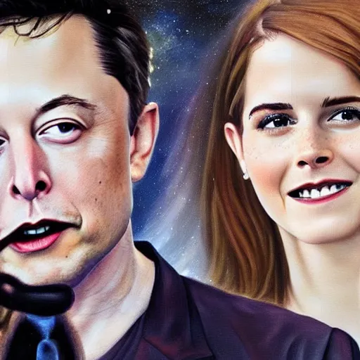 Prompt: an extremely high quality hd surrealism painting of elon musk riding a unicorn with emma watson's face