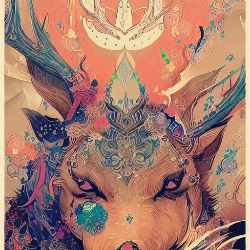 Prompt: japanese deer Mystical painting brush stroke cinematic, psychedelic, paper, ornate, symmetrical, tarot card, highly detailed, ink illustration, style of peter mohrbacher, 8k