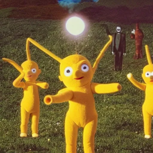 Image similar to photograph of slenderman standing behind some teletubbies, waving its arm, cinematic shot, backlighted