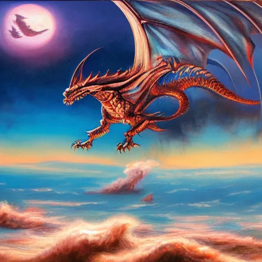 Image similar to fantastical oil painting of a large dragon flying above the sea at dawn, warm setting, sharp focus, perfect anatomy, hyper realistic, symmetrical, 4 k, highly ornate intricate details,