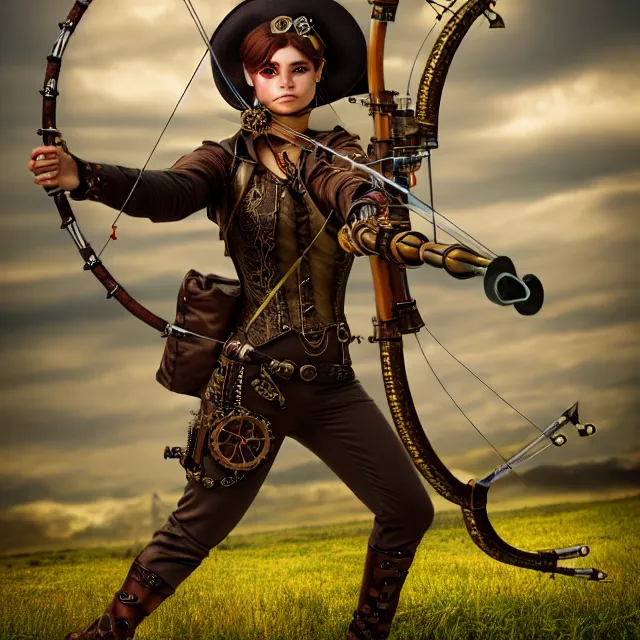 Image similar to steampunk archer, 4 k, hdr, smooth, sharp focus, high resolution, award - winning photo, anne stokes, photorealistic